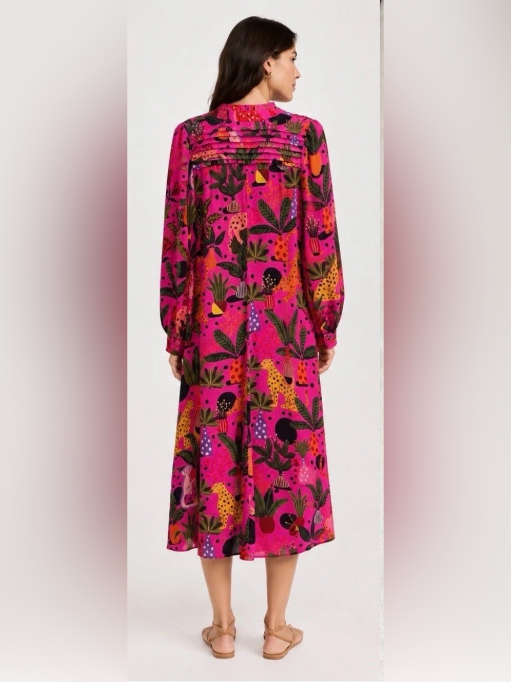 Farm Rio Jungle Print Maxi Dress Womens Pink Leopard Monkey Long Sleeve Sz S - Picture 2 of 16